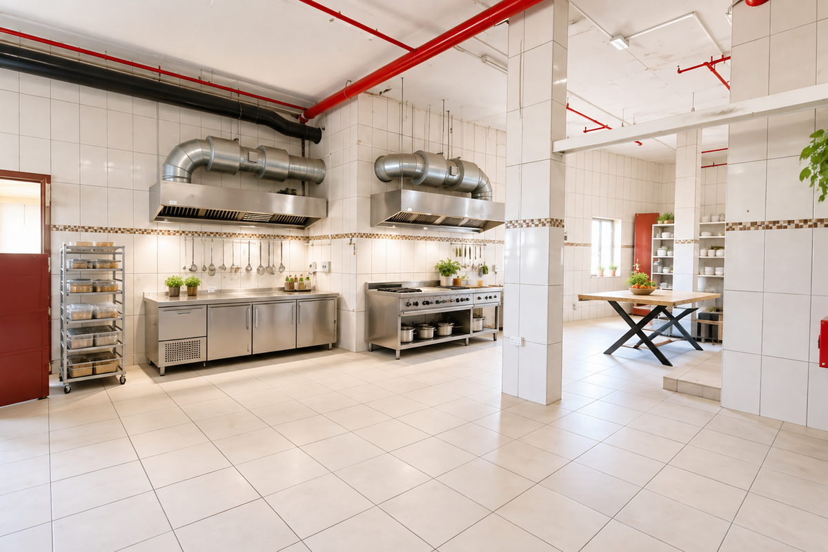 A spacious industrial-style commercial kitchen featuring stainless steel prep counters, professional-grade range and extraction systems, tiled surfaces, and exposed utility piping.