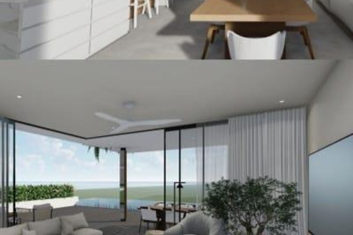 A modern open-plan living and kitchen area featuring sleek cabinetry, a large island, and expansive sliding doors opening to an outdoor space.