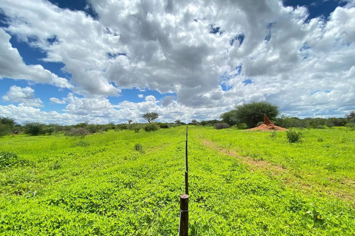 A wide-angle view of the open small holding land featuring natural vegetation and a wire boundary fence.