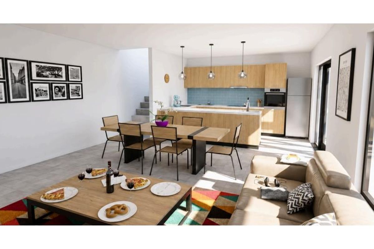 Modern open-plan living and dining area featuring a contemporary kitchen with light wood cabinetry, integrated appliances, and a functional island layout.