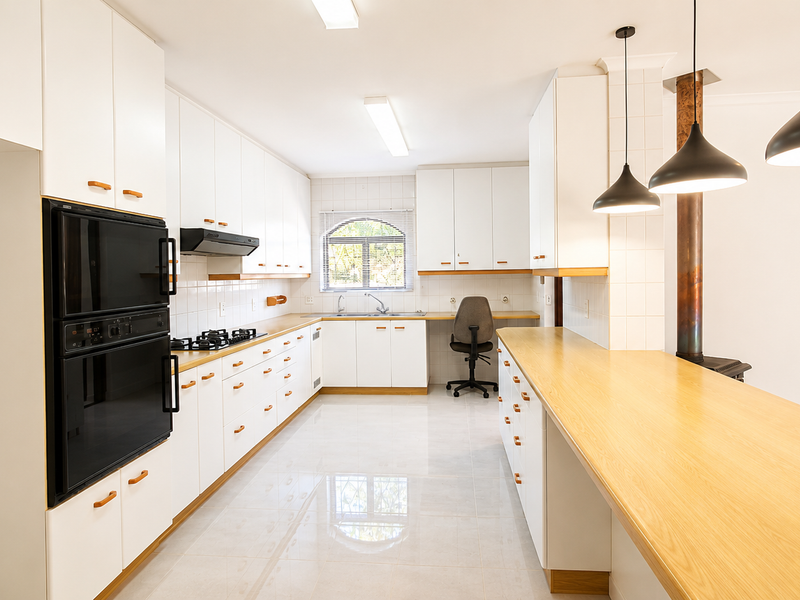 Spacious kitchen featuring white cabinetry, wooden breakfast bar, built-in double oven, gas cooktop, and a cozy wood-burning fireplace.