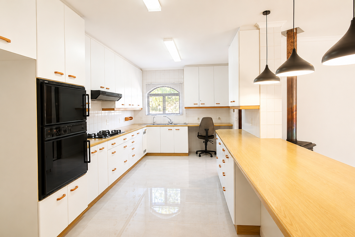 Spacious kitchen featuring white cabinetry, wooden breakfast bar, built-in double oven, gas cooktop, and a cozy wood-burning fireplace.