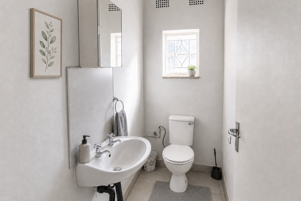 A clean and functional guest bathroom featuring a wall-mounted basin, mirrored medicine cabinet, and a standard close-coupled toilet with tiled flooring.