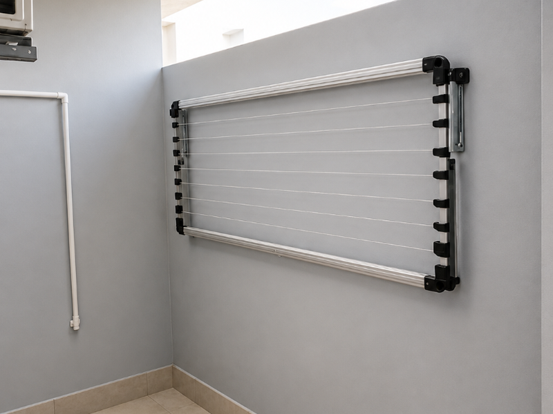 A clean, modern laundry or utility area featuring a wall-mounted drying rack, tiled flooring, and integrated air conditioning unit.