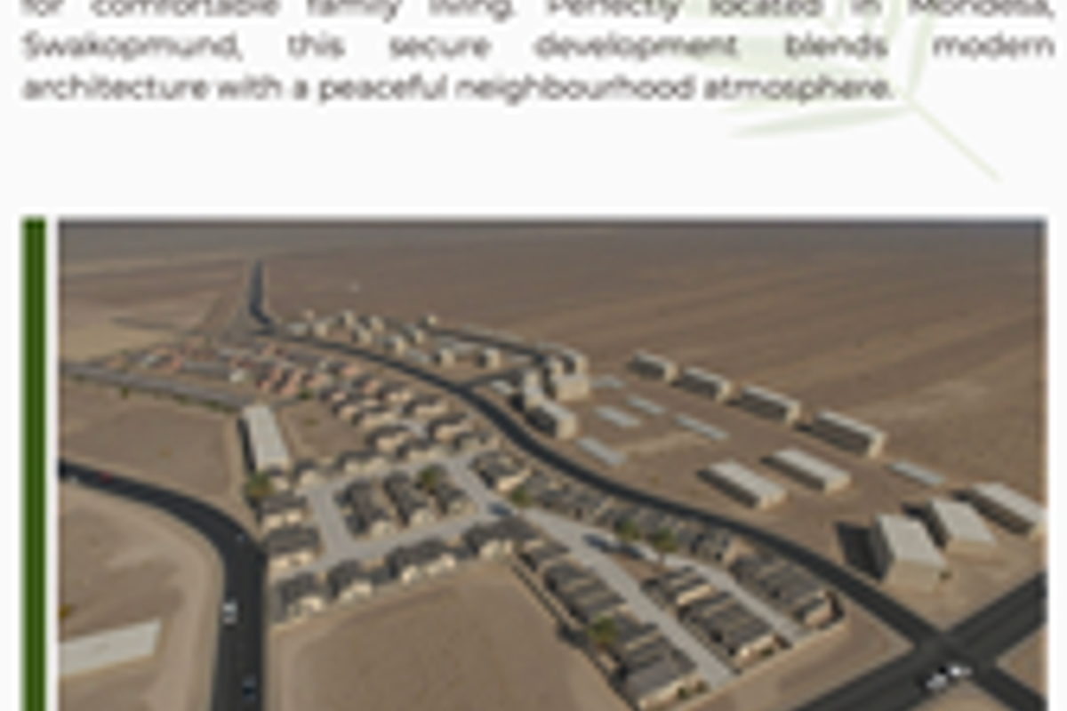 An aerial view of the Mondesa Palms residential development, showcasing the layout of the townhouse complex and surrounding infrastructure.