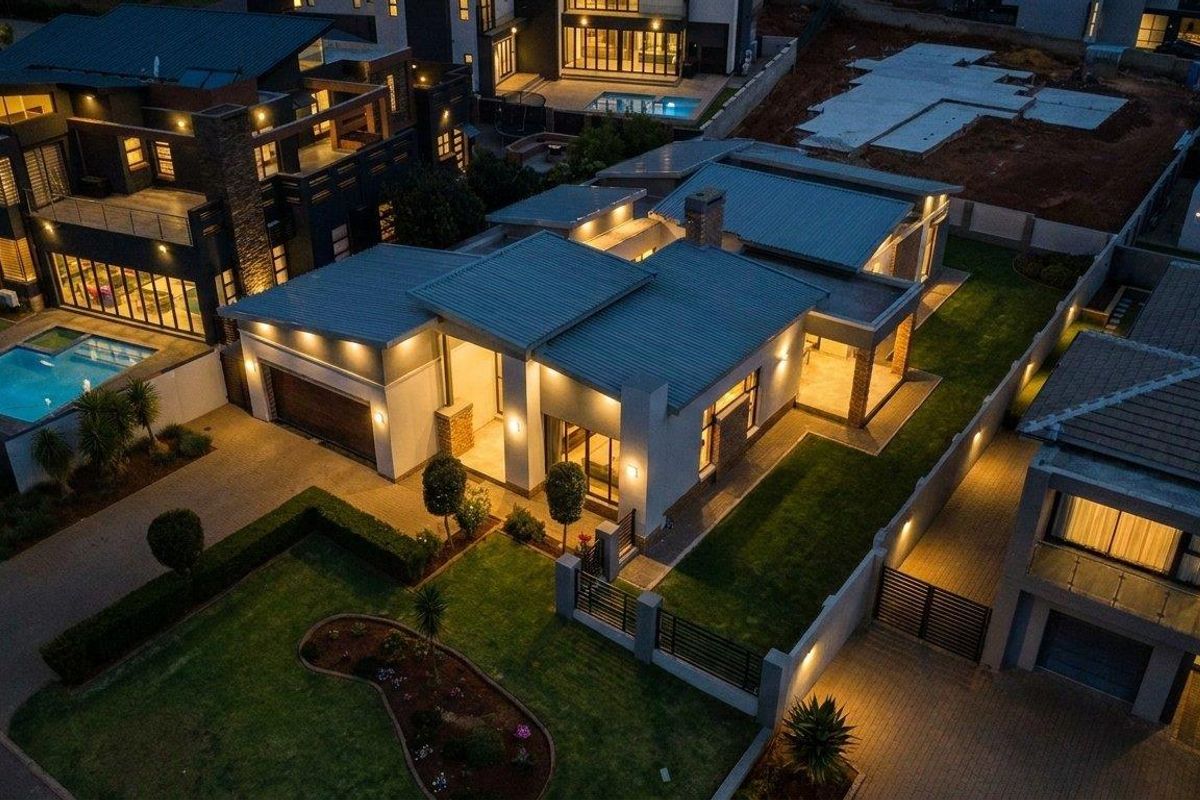 Aerial night view of a modern residential property featuring a metal roof, paved driveway, landscaped garden, and integrated outdoor lighting.