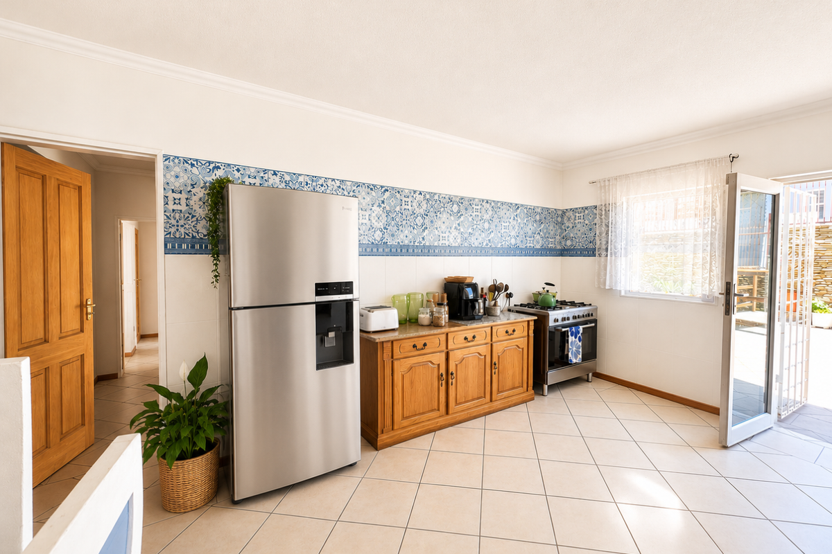 A functional kitchen featuring wooden cabinetry, a gas stove, and decorative blue and white patterned wall tiling, with direct access to an outdoor area.