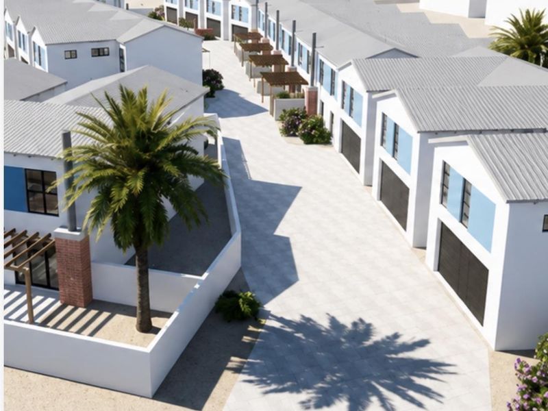 Aerial view of a modern townhouse complex featuring uniform architectural design, paved driveways, and private outdoor spaces with timber pergolas.