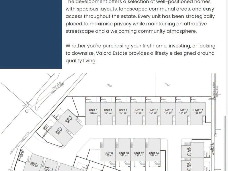 A site layout plan for Valora Estate, illustrating the positioning and sizing of various townhouse units within the community.