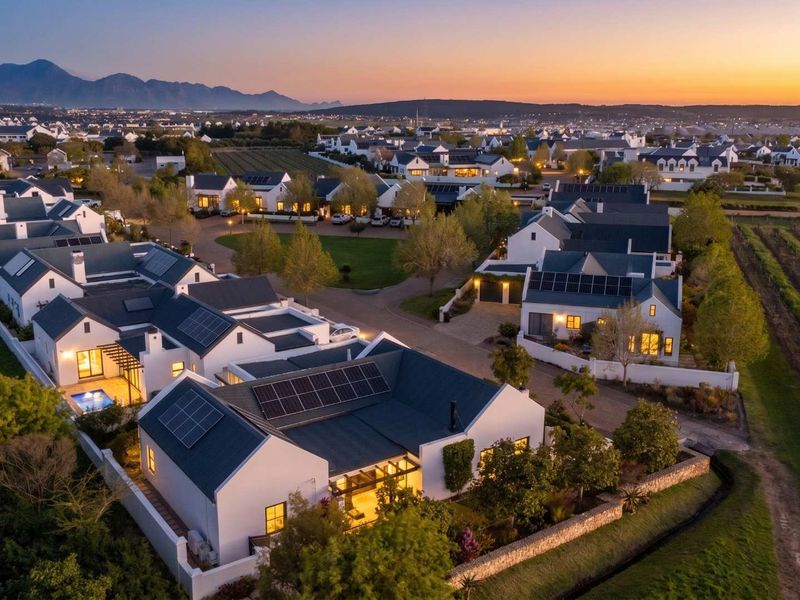 An elevated aerial view of a modern residential estate at sunset, showcasing multiple homes with solar panels, manicured gardens, and a swimming pool.