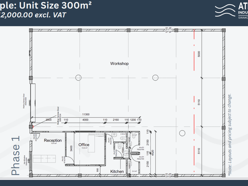 Architectural floor plan for an industrial unit featuring a workshop, office, reception, kitchen, and restroom facilities.