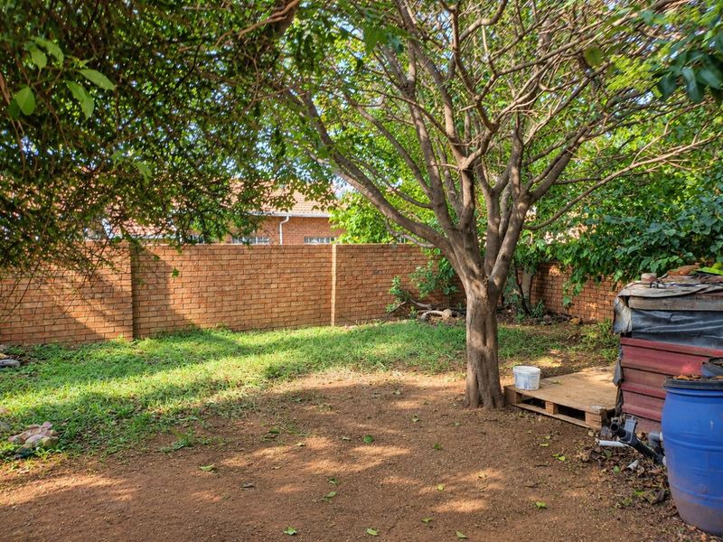 A private backyard garden featuring a brick boundary wall and mature trees, offering a blank canvas for landscaping and outdoor improvement.