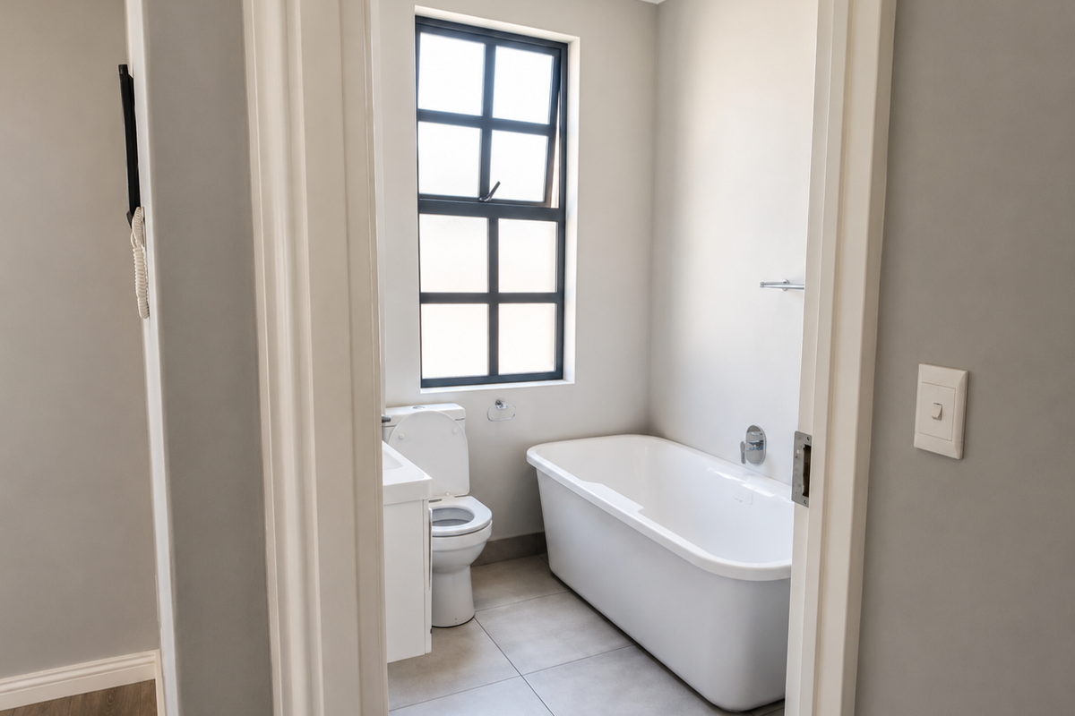 A clean, modern bathroom featuring a freestanding bathtub, a white vanity, and a toilet, finished with neutral wall tones and large floor tiles.