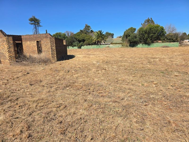 A vacant residential plot featuring dry grass and the remains of a dilapidated brick structure.
