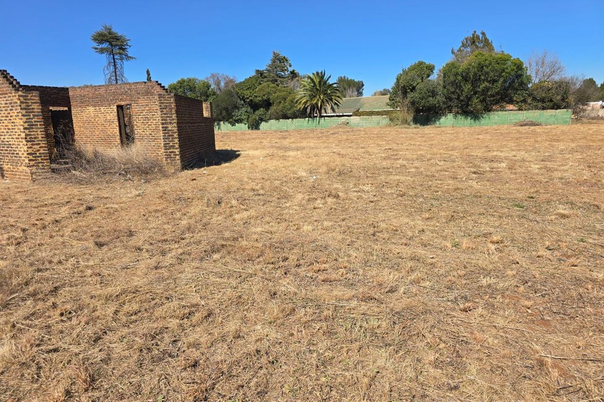 A vacant residential plot featuring dry grass and the remains of a dilapidated brick structure.