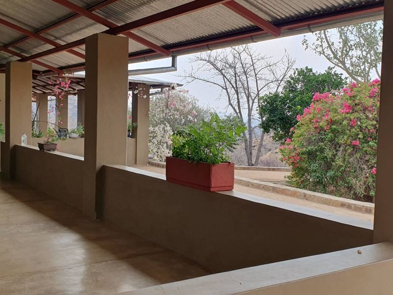 A spacious covered patio featuring concrete flooring, structural pillars, and a corrugated metal roof, offering an open view of the surrounding garden and landscape.