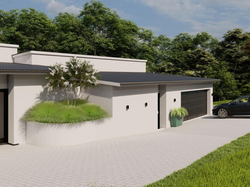 Modern front elevation featuring a paved driveway, double garage, and landscaped retaining wall with integrated exterior lighting.