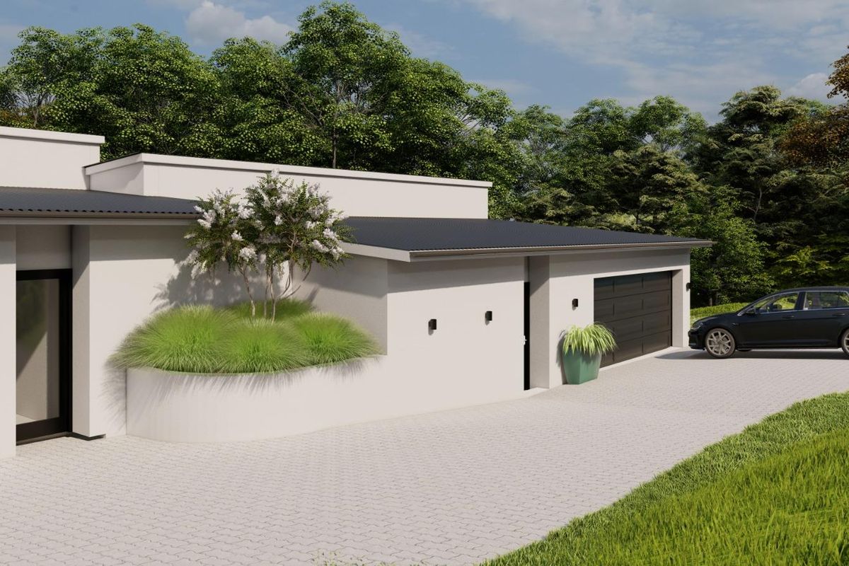 Modern front elevation featuring a paved driveway, double garage, and landscaped retaining wall with integrated exterior lighting.