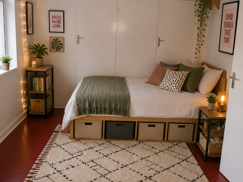 A cozy bedroom featuring built-in cupboards and painted timber flooring, offering a warm and inviting atmosphere.