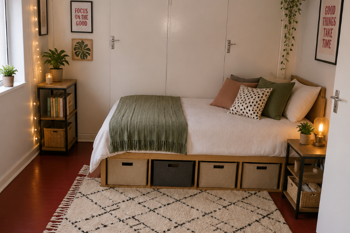 A cozy bedroom featuring built-in cupboards and painted timber flooring, offering a warm and inviting atmosphere.