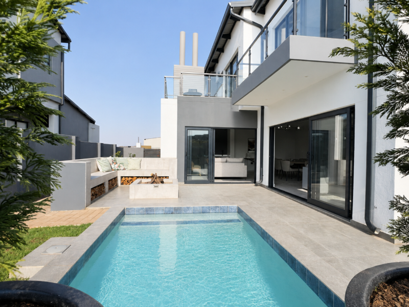 Modern outdoor entertainment area featuring a swimming pool, built-in seating with a fire pit, and seamless access to the interior living space.