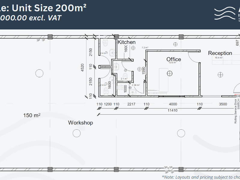 Architectural floor plan for a 200m² industrial unit featuring a workshop, office, reception, kitchen, and restroom facilities.