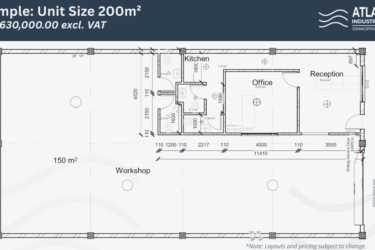 Architectural floor plan for a 200m² industrial unit featuring a workshop, office, reception, kitchen, and restroom facilities.