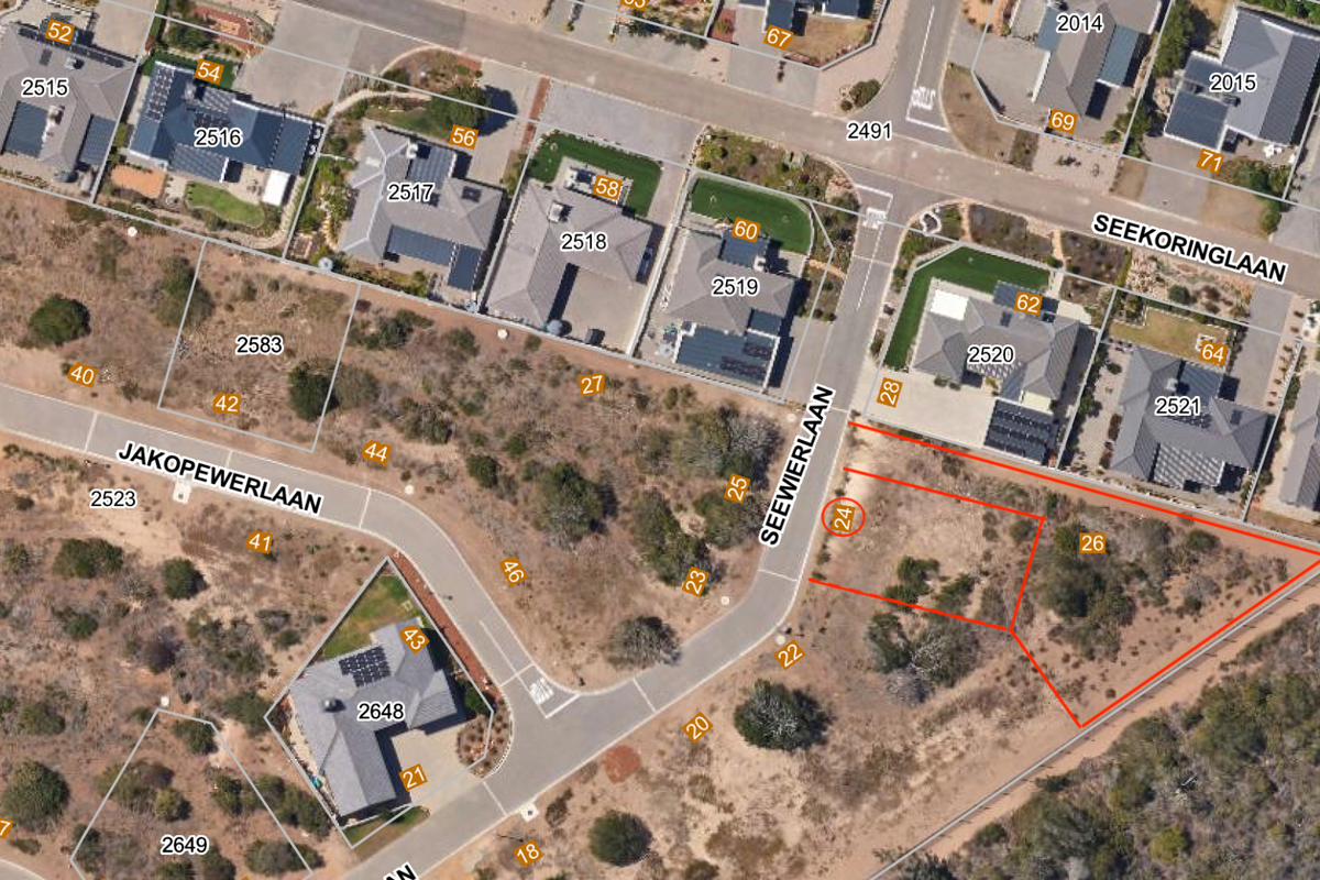 Aerial view of a vacant residential plot located at the corner of Seewierlaan, showing the site boundaries and surrounding neighborhood context.