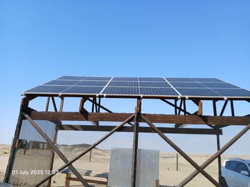 A ground-mounted solar panel array supported by a timber frame structure, situated in an open outdoor area.