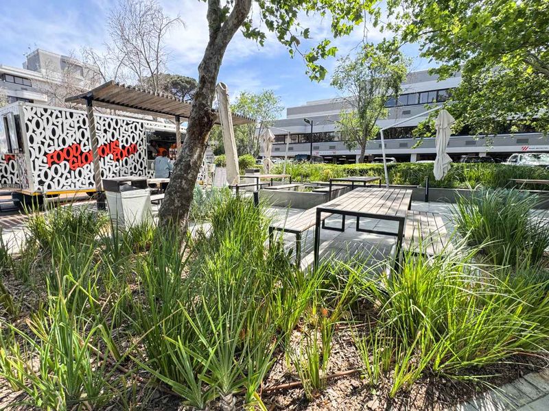 Outdoor patio area featuring paved seating space, landscaped garden beds, and a timber pergola, providing an inviting environment for business or dining.