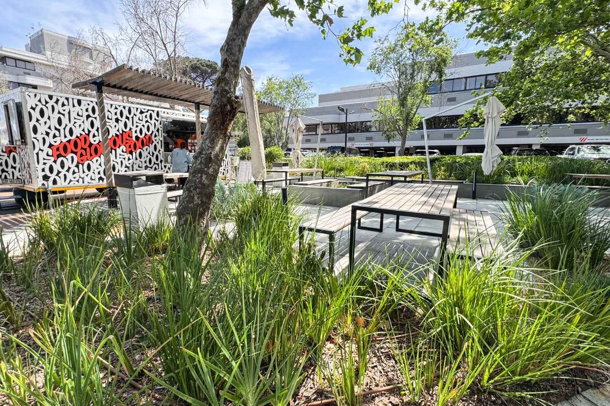 Outdoor patio area featuring paved seating space, landscaped garden beds, and a timber pergola, providing an inviting environment for business or dining.