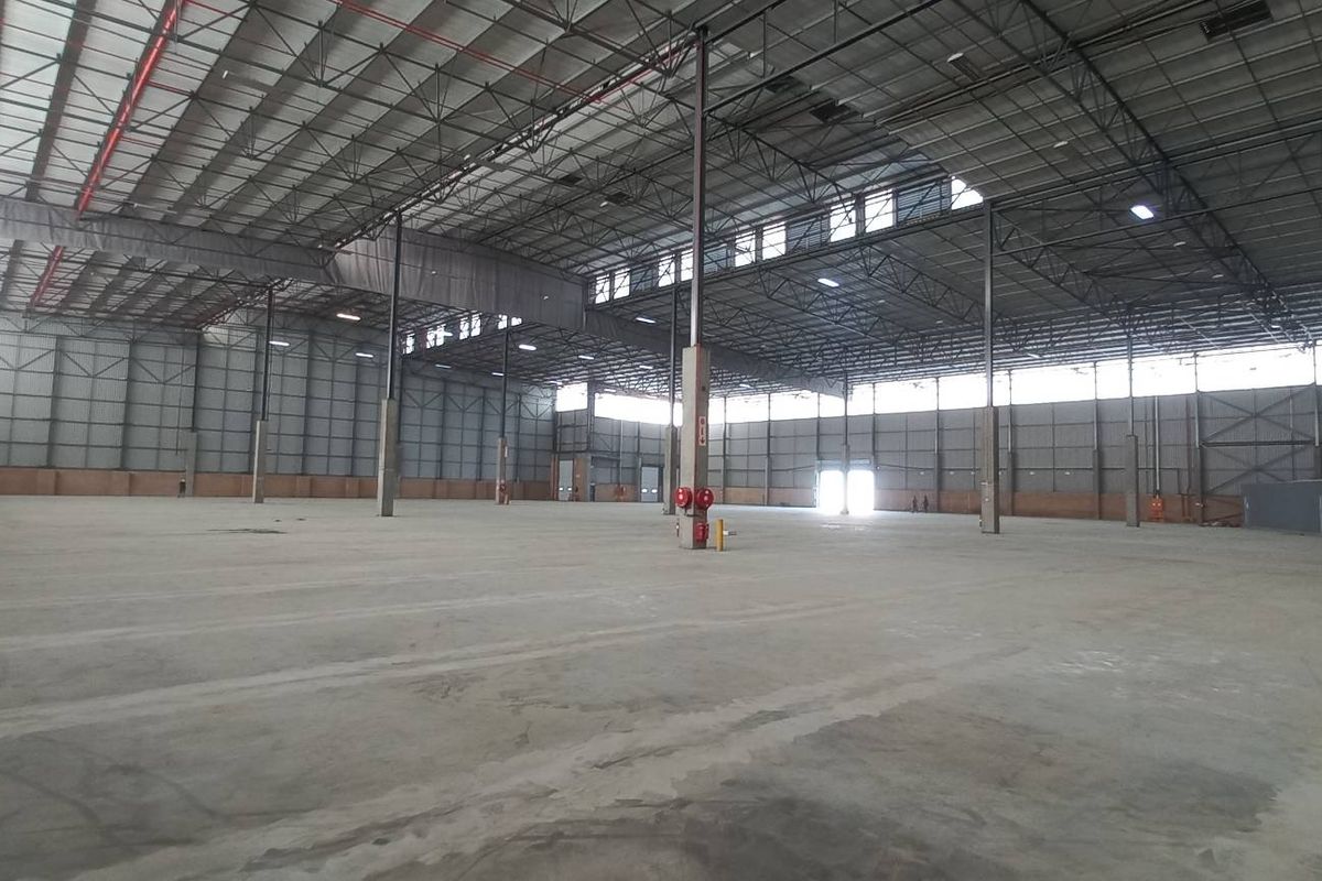A spacious, open-plan industrial warehouse featuring high ceilings, exposed steel trusses, concrete flooring, and integrated fire sprinkler systems, suitable for logistics or manufacturing.