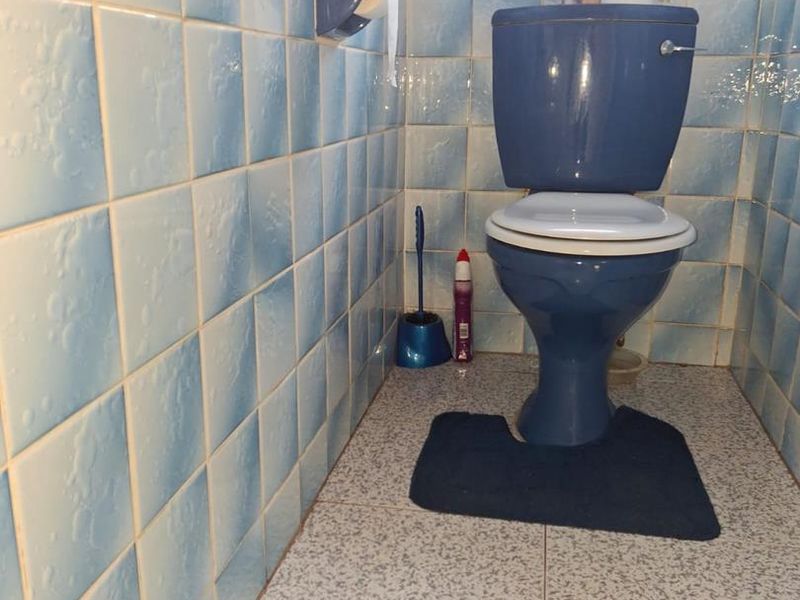 A compact bathroom featuring blue ceramic wall tiles, a matching blue toilet, and speckled floor tiles with a small window for ventilation.
