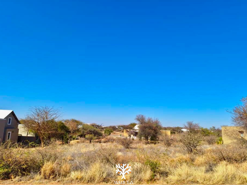 A view of a vacant residential plot featuring natural vegetation and access to a paved road in a quiet neighborhood.