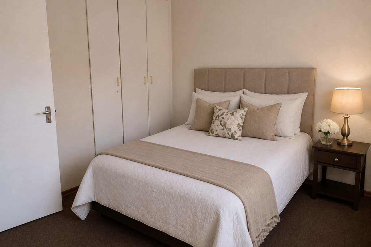 A well-maintained bedroom featuring neutral walls, carpeted flooring, and integrated built-in cupboards for storage.