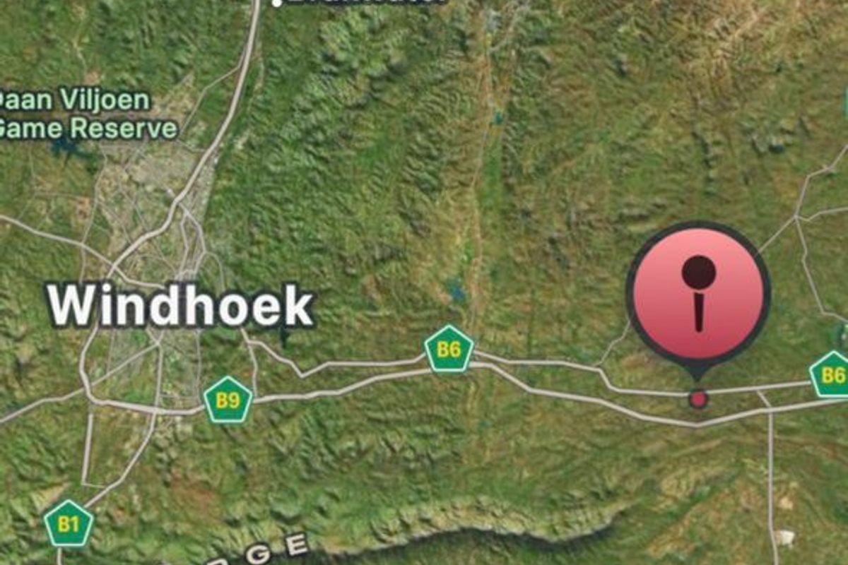 A satellite map view showing the location of the property relative to Windhoek and surrounding regional roads.