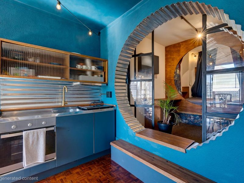 Modern kitchen featuring a unique circular architectural opening, corrugated metal accents, built-in oven, cooktop, and stylish fluted glass cabinetry with warm parquet flooring.