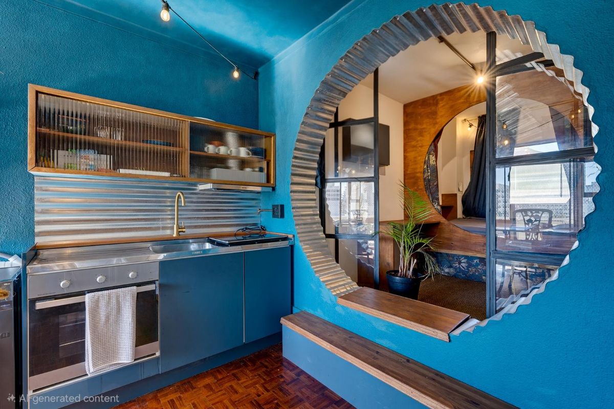 Modern kitchen featuring a unique circular architectural opening, corrugated metal accents, built-in oven, cooktop, and stylish fluted glass cabinetry with warm parquet flooring.