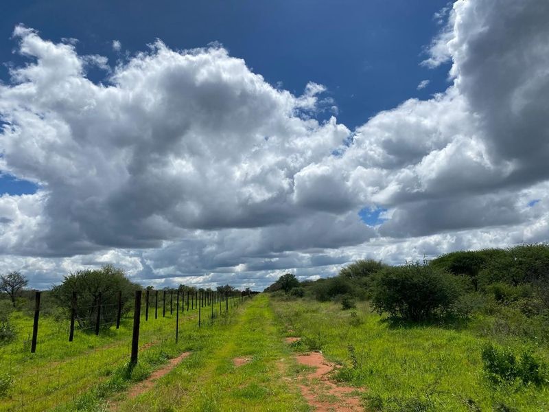 Expansive open land on a small holding featuring natural vegetation, a dirt track, and perimeter wire fencing under a cloudy sky.