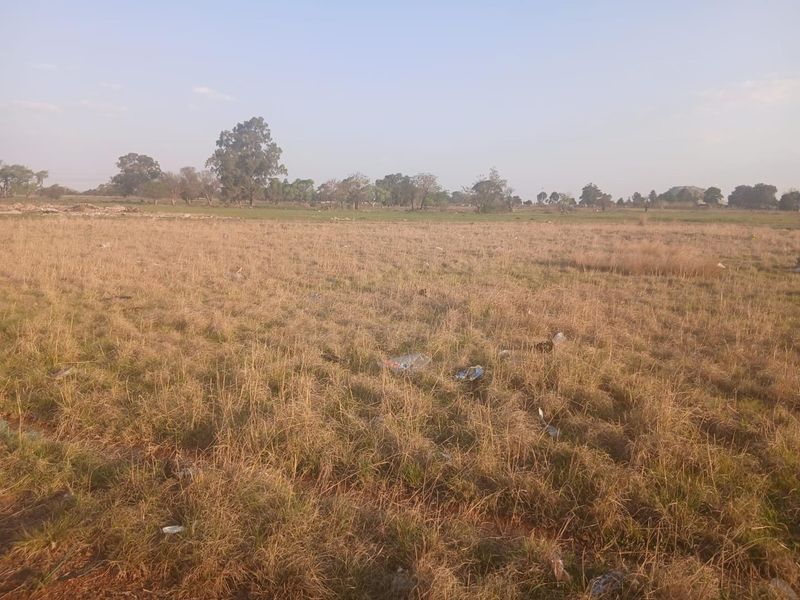 A wide-angle view of an undeveloped, vacant residential plot featuring dry grassland and scattered vegetation.