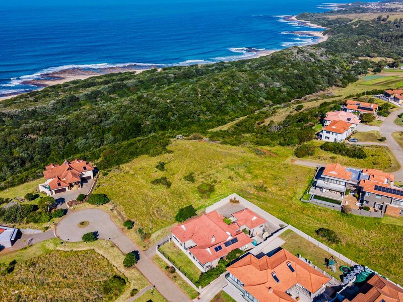 An aerial view of a coastal residential estate featuring established homes, paved roads, and expansive natural green space overlooking the ocean.