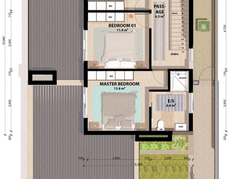 First floor plan for Retreat Prototype E, featuring three bedrooms, two bathrooms, and a central passage with staircase access.