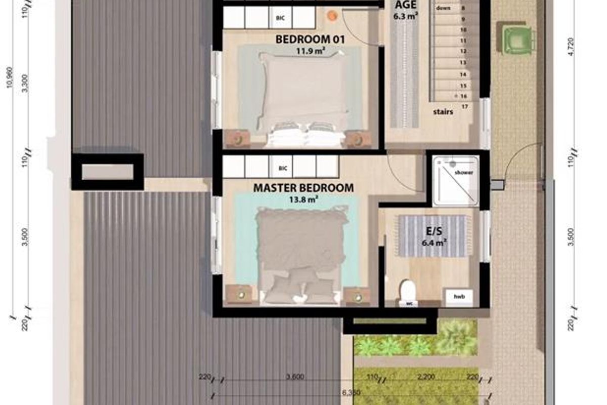 First floor plan for Retreat Prototype E, featuring three bedrooms, two bathrooms, and a central passage with staircase access.