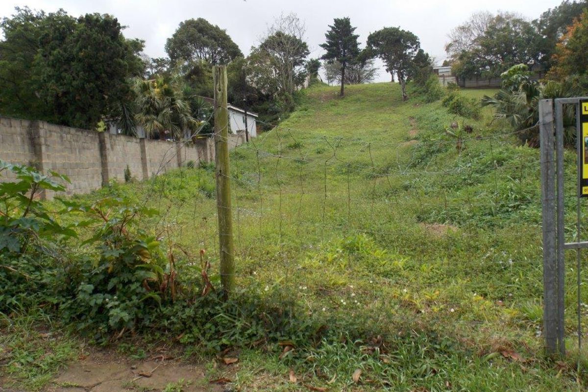 A sloped residential vacant land plot featuring perimeter walling and wire fencing, currently covered in overgrown vegetation.