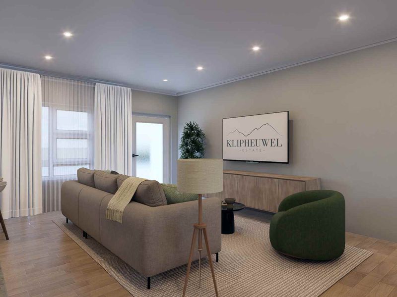 A modern, well-lit living room featuring neutral wall tones, recessed downlighting, and high-quality laminate flooring.