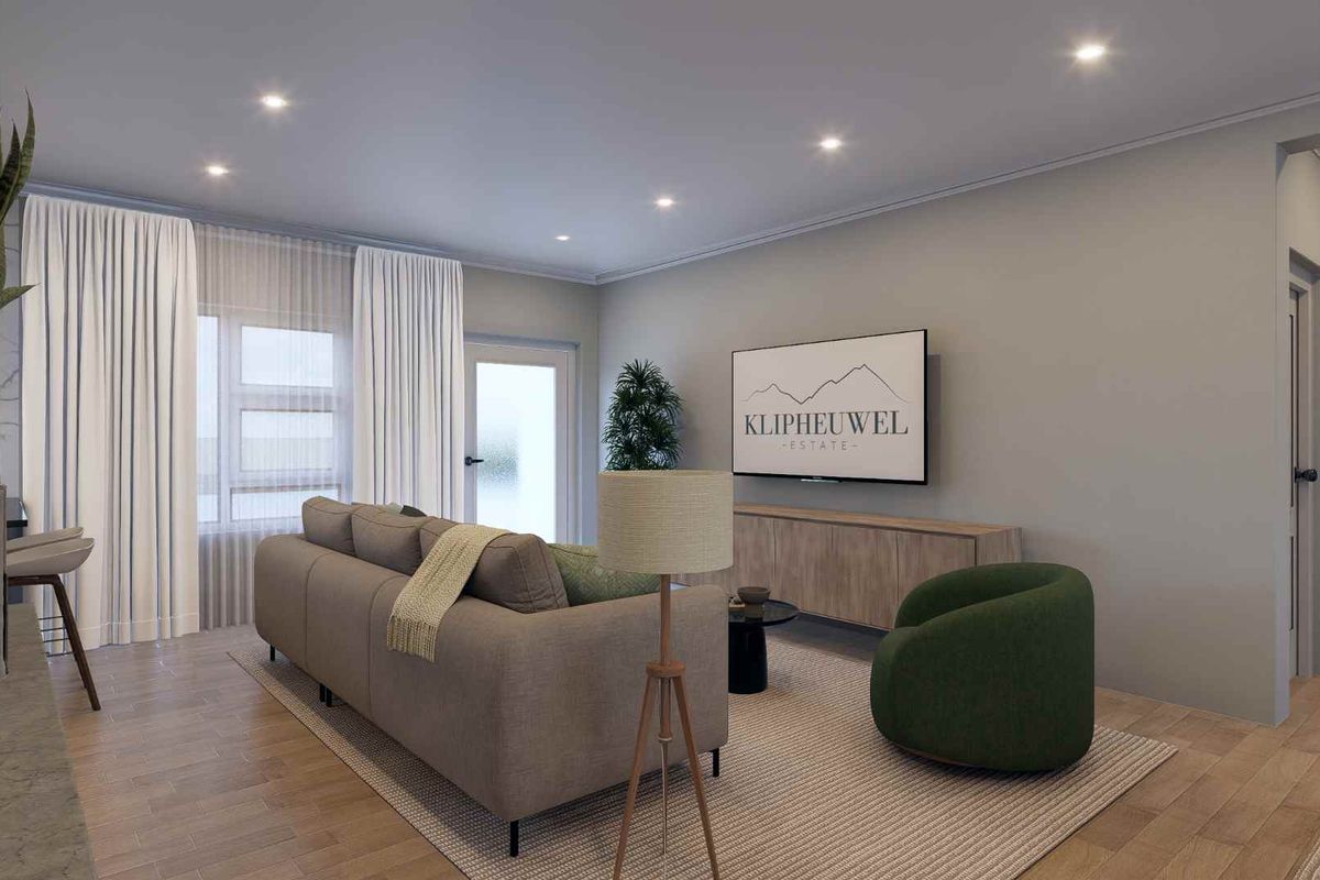 A modern, well-lit living room featuring neutral wall tones, recessed downlighting, and high-quality laminate flooring.
