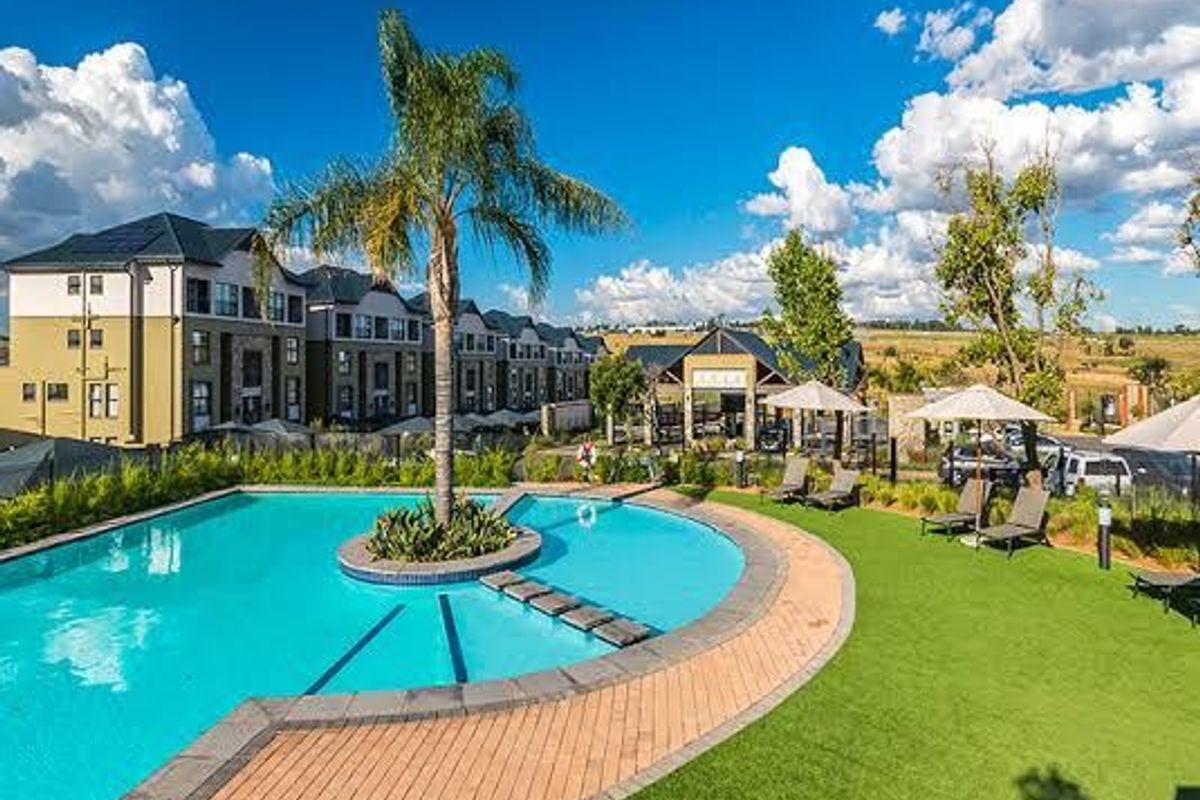 A well-maintained communal swimming pool area featuring a paved deck, landscaped lawn, and palm tree, set within a modern apartment complex.