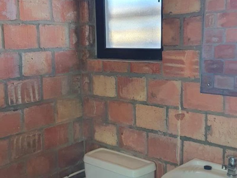 A compact bathroom featuring exposed brick walls, a standard toilet, and a wall-mounted washbasin with visible plumbing.