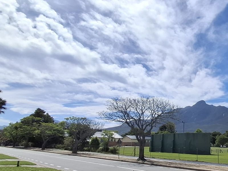 A scenic view of the surrounding neighbourhood featuring a paved road, mature trees, and a prominent mountain range in the background.