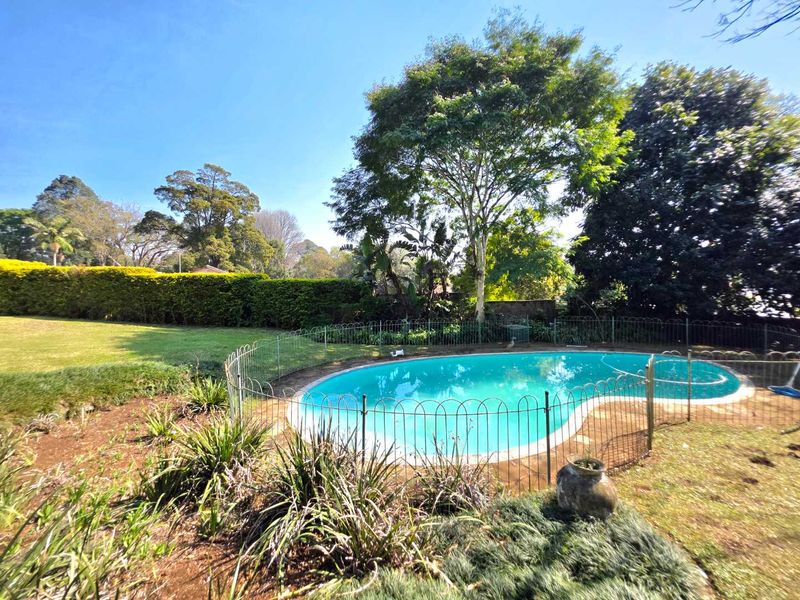 A private outdoor swimming pool area featuring a curved pool, safety fencing, and a well-established garden with mature trees.